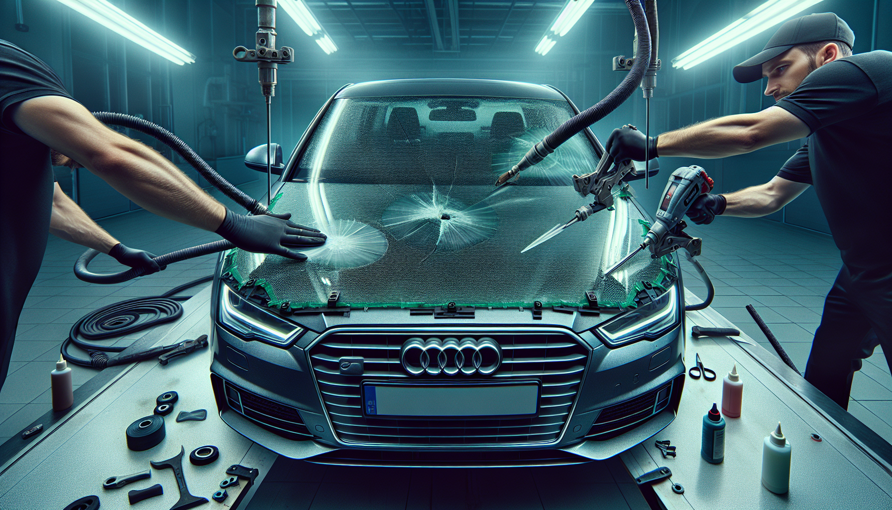 Audi A4 windshield replacement - autoglass technician close-up UAE