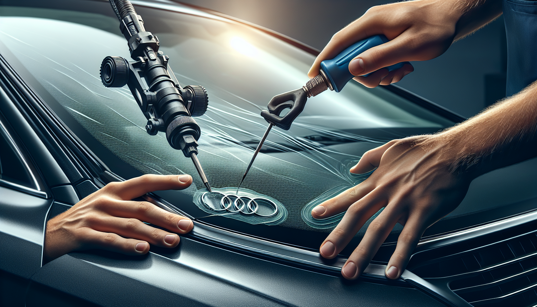 Audi A4 windshield replacement Audi A4 windshield replacement - autoglass technician close-up UAE