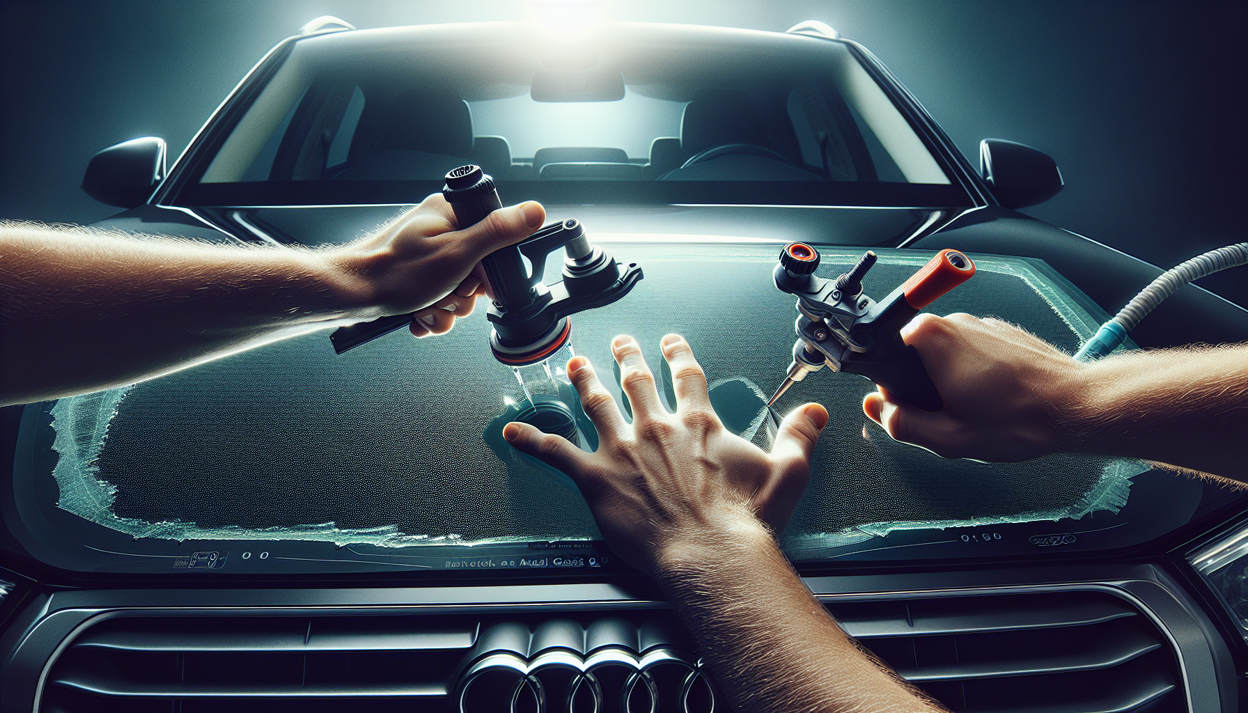 Audi Q5 windshield replacement Audi Q5 windshield replacement - autoglass technician close-up UAE