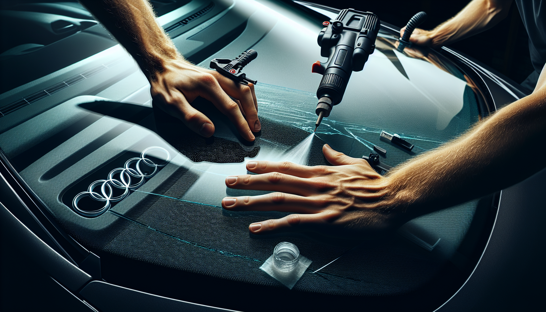 Audi TT windshield replacement - autoglass technician close-up UAE