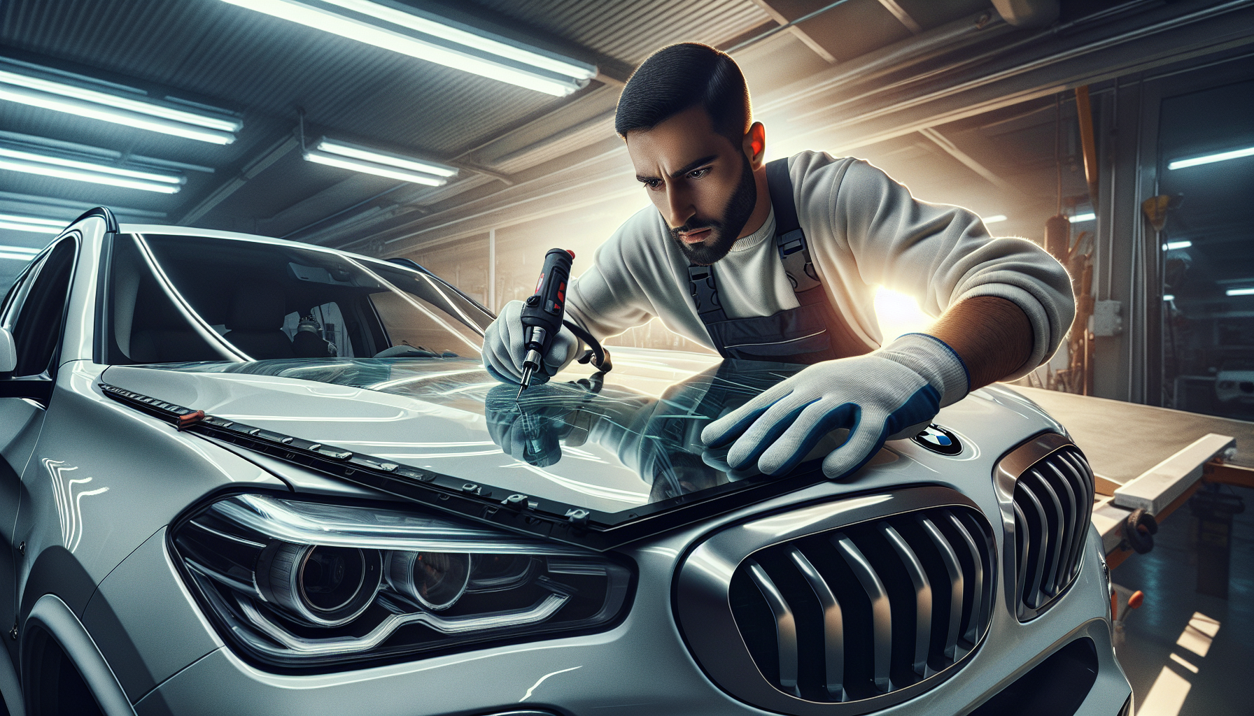 BMW X5 windshield replacement BMW X5 windshield replacement - autoglass technician close-up UAE