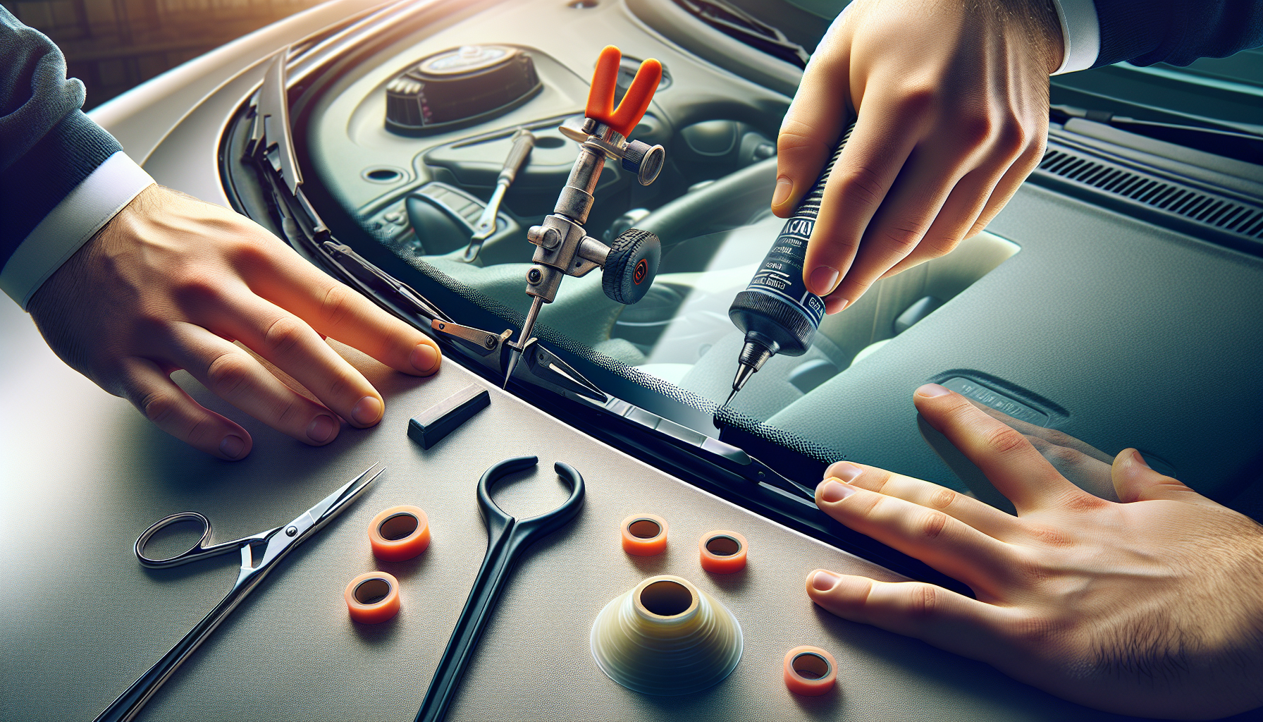 Citroen C1 windshield replacement - autoglass technician close-up UAE