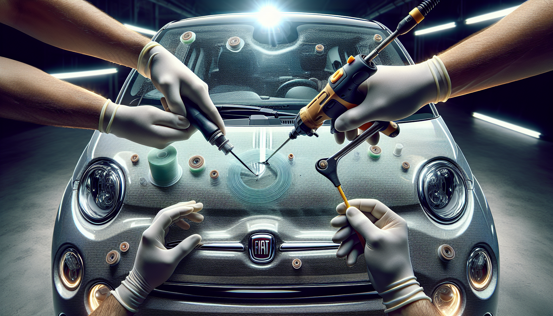 Fiat 500 windshield replacement Fiat 500 windshield replacement - autoglass technician close-up UAE