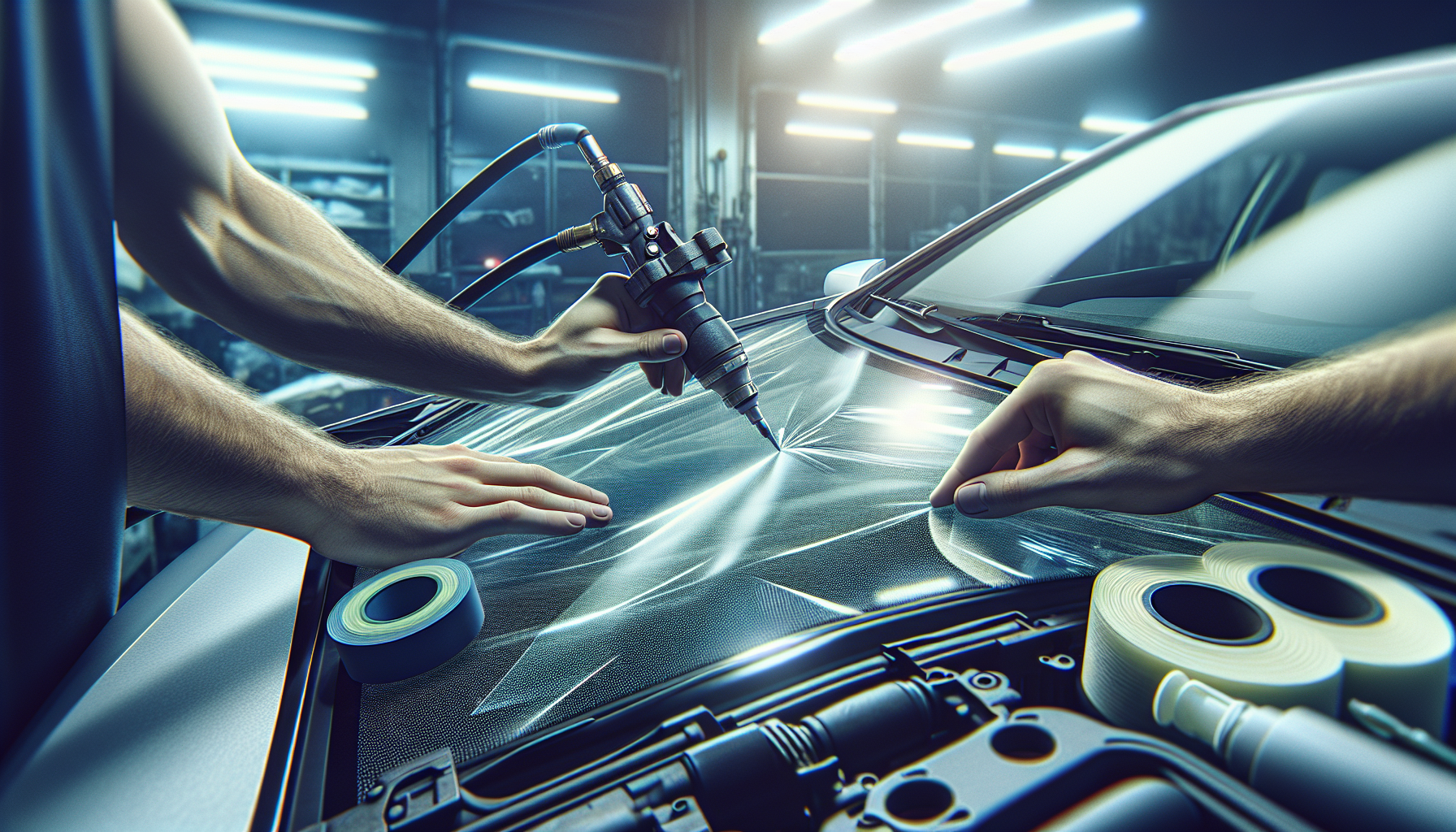 Ford C-MAX windshield replacement Ford C-MAX windshield replacement - autoglass technician close-up UAE