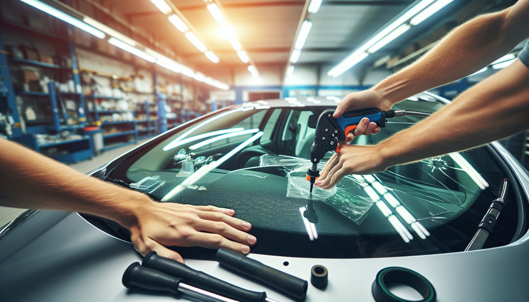 Ford Focus windshield replacement - autoglass technician close-up UAE