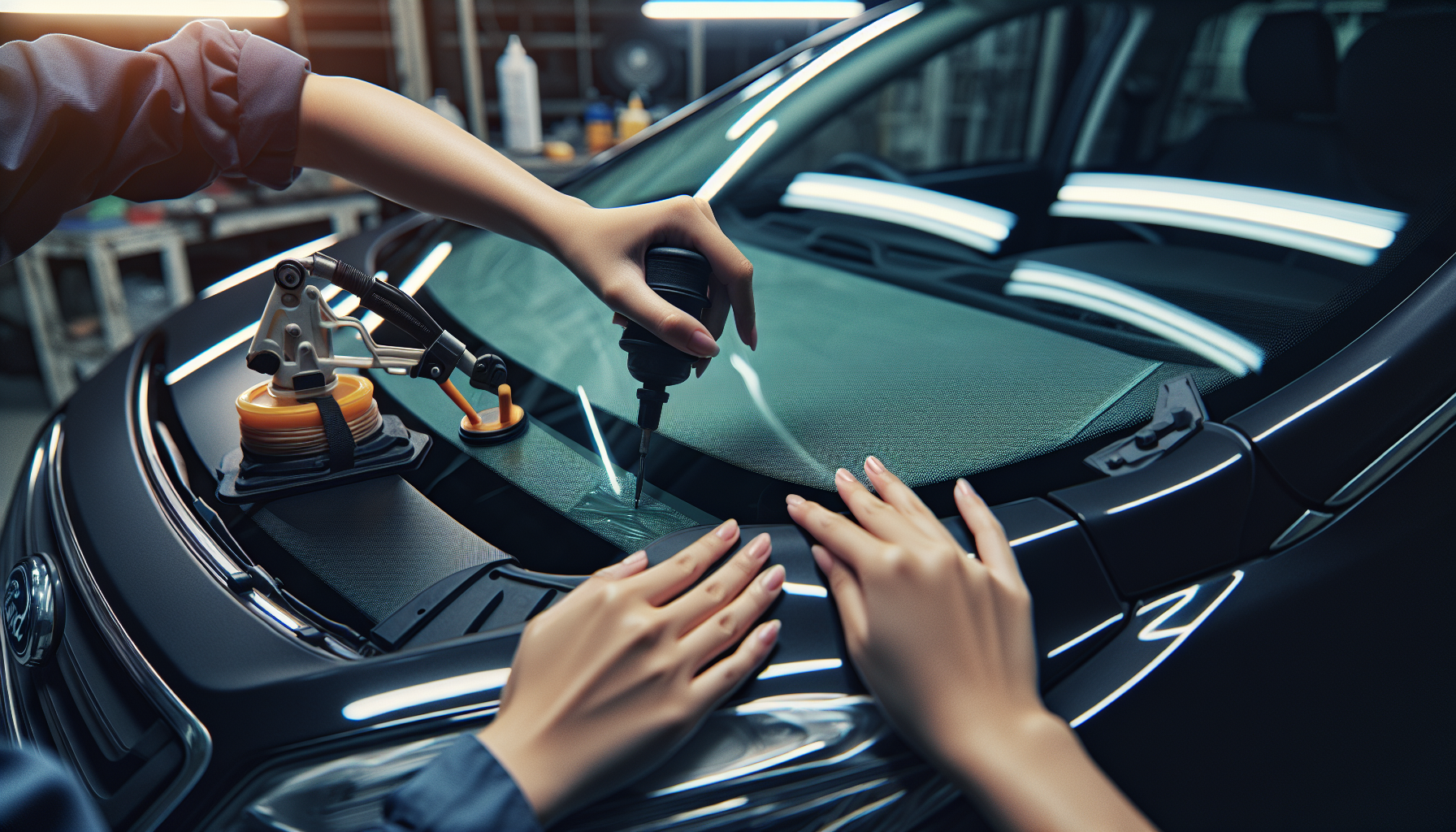 Ford Kuga windshield replacement Ford Kuga windshield replacement - autoglass technician close-up UAE