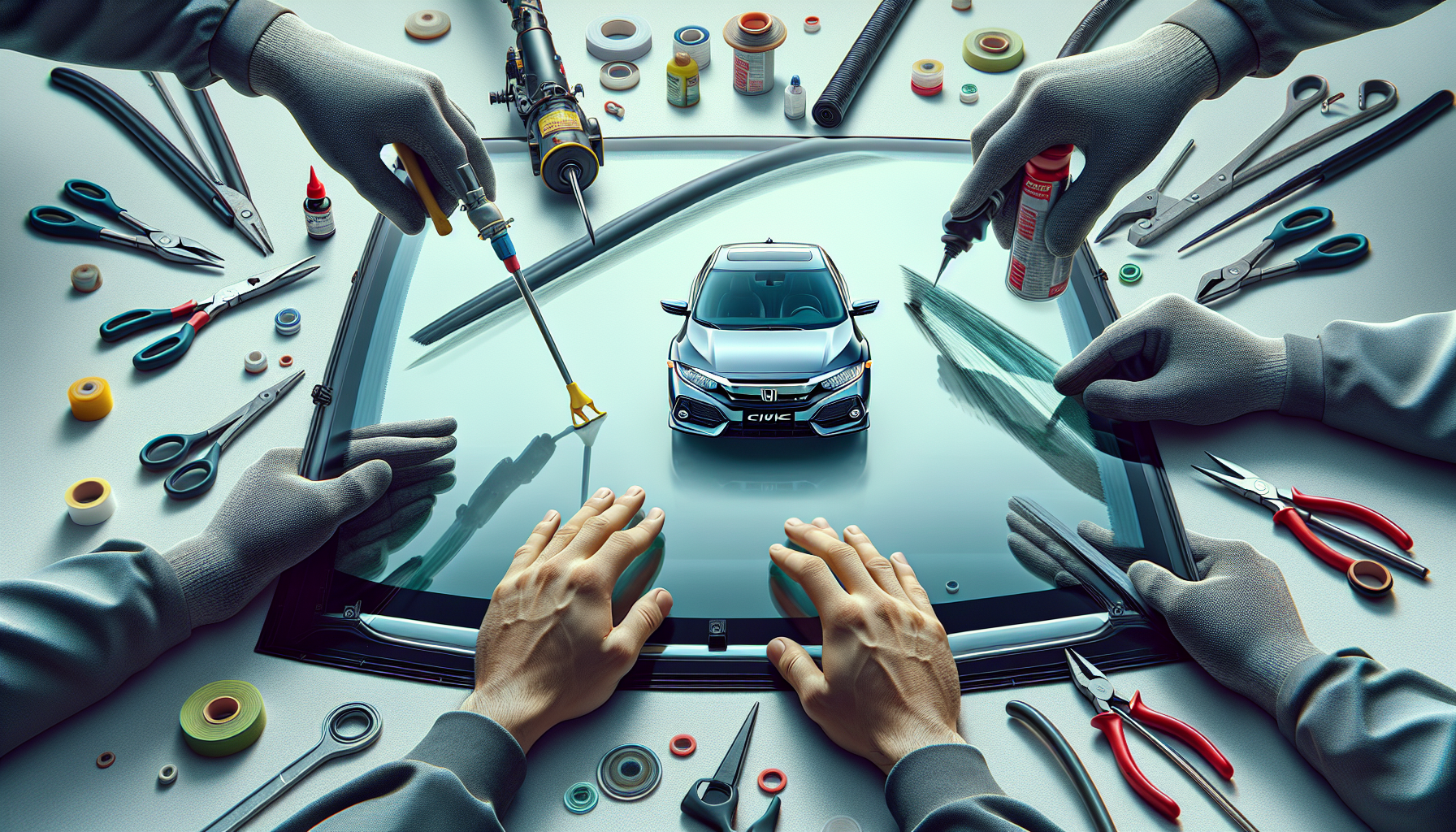 Honda Civic windshield replacement - autoglass technician close-up UAE