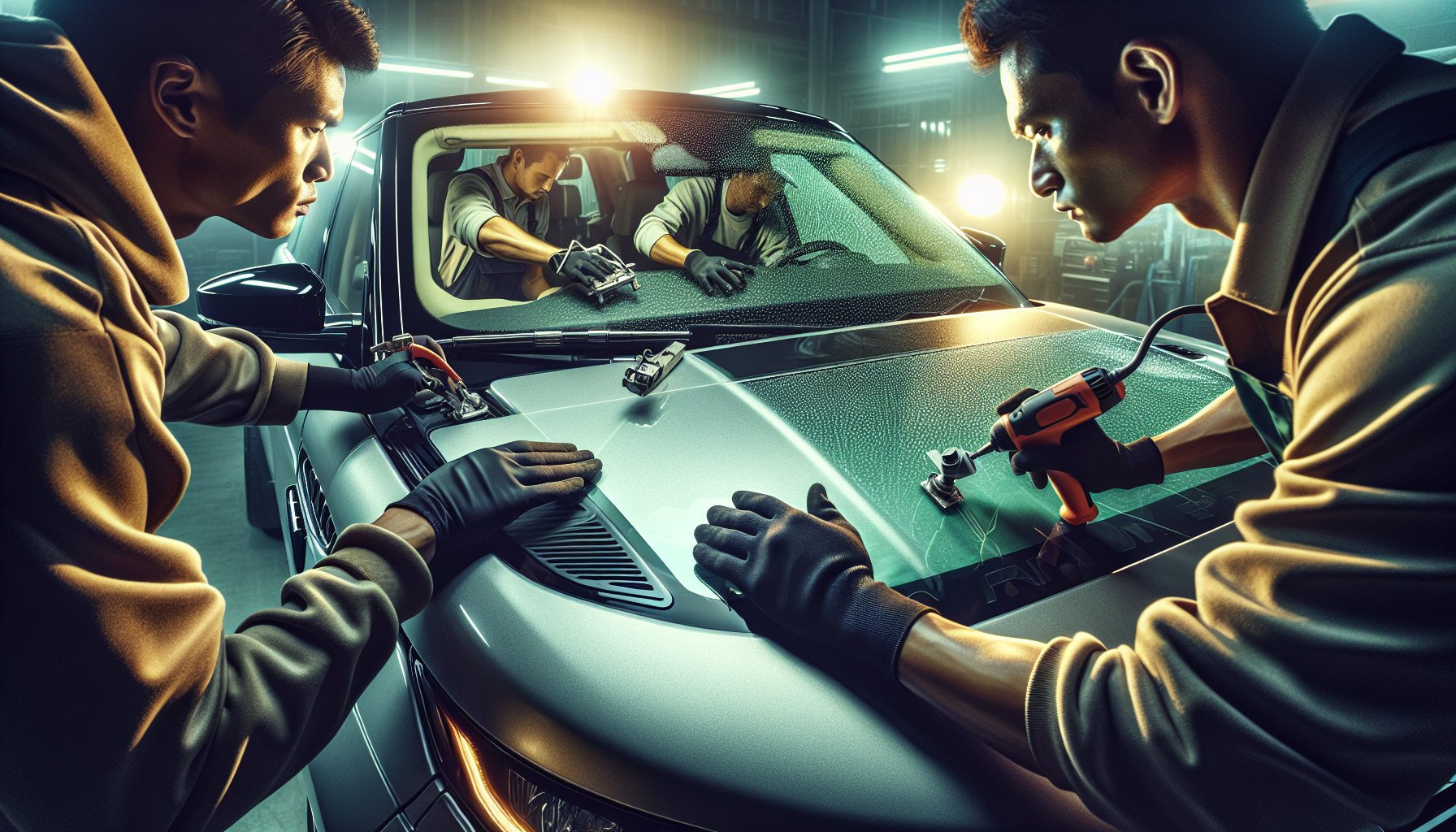 Land Rover Range Rover Sport windshield replacement Land Rover Range Rover Sport windshield replacement - autoglass technician close-up UAE