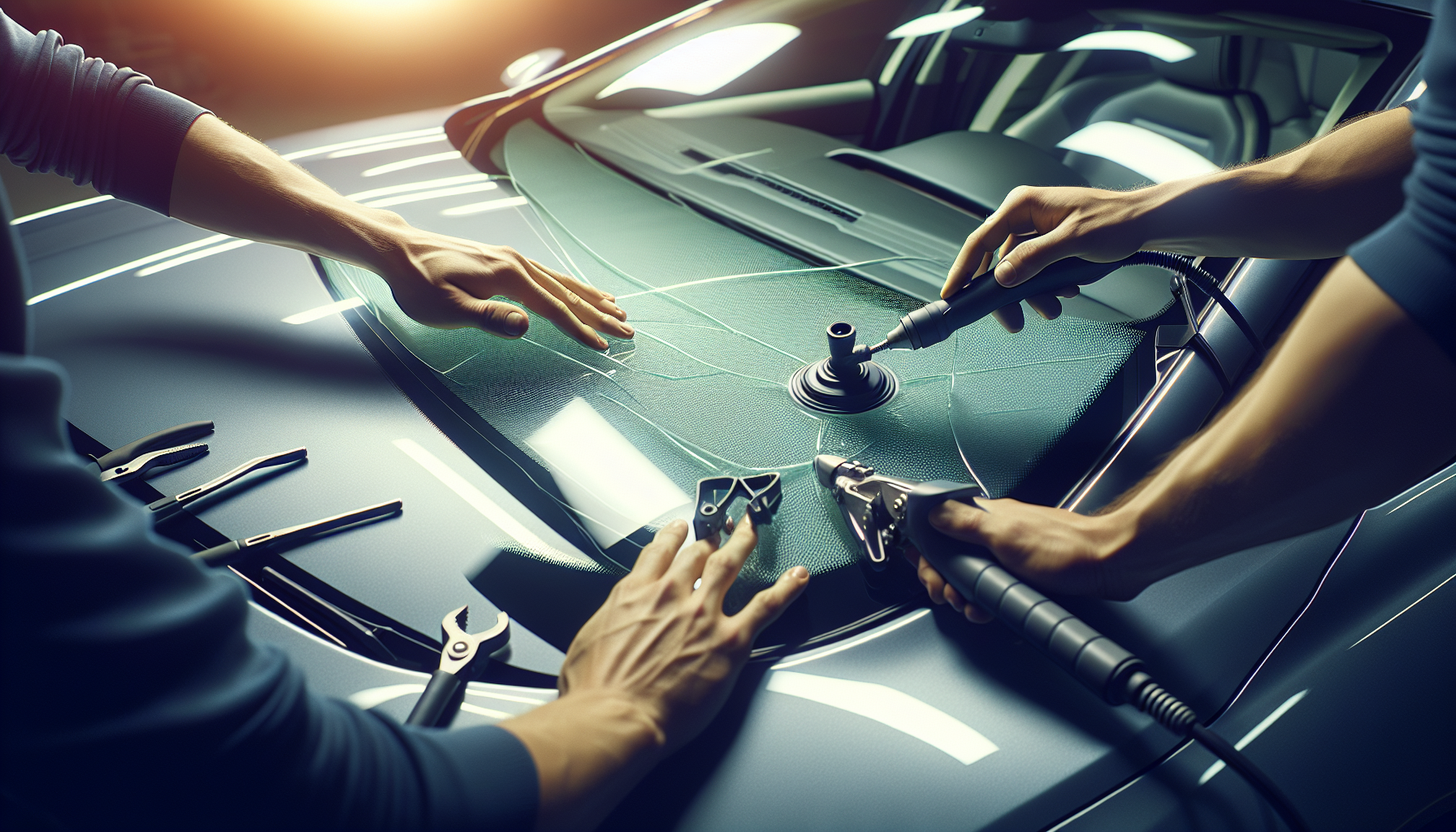 Mercedes A class windshield replacement - autoglass technician close-up UAE