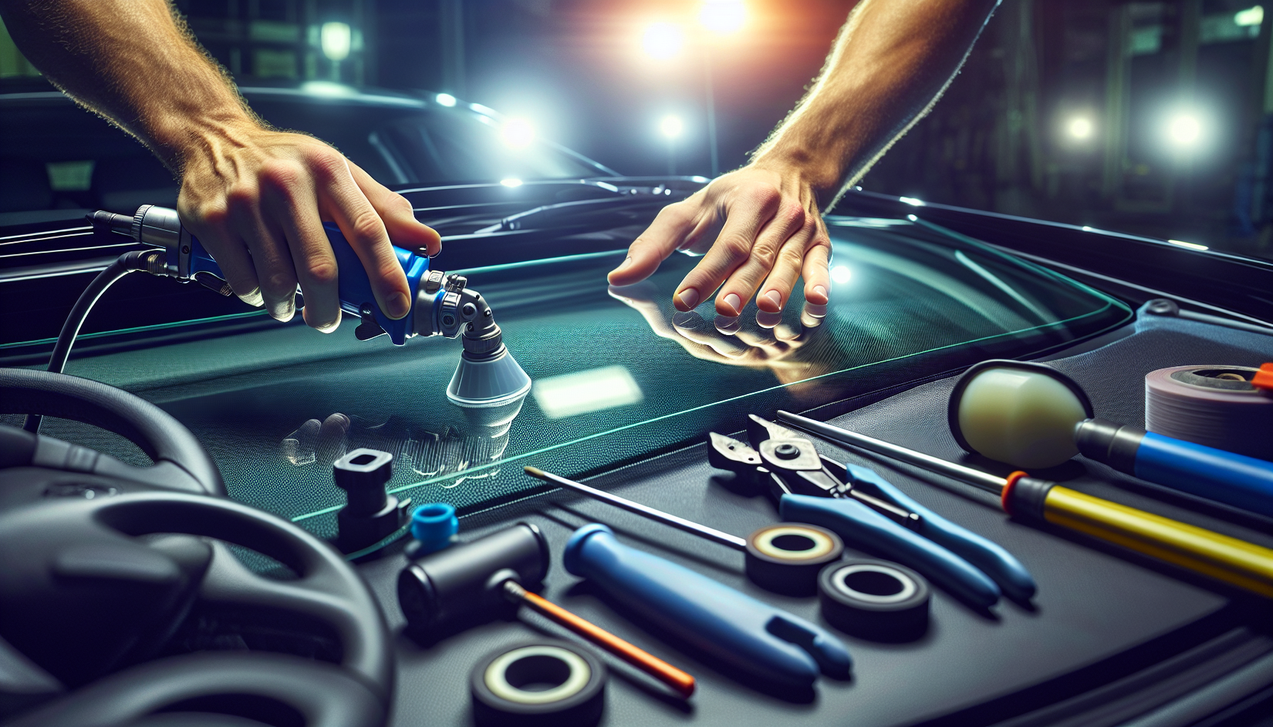 Mercedes C class windshield replacement - autoglass technician close-up UAE