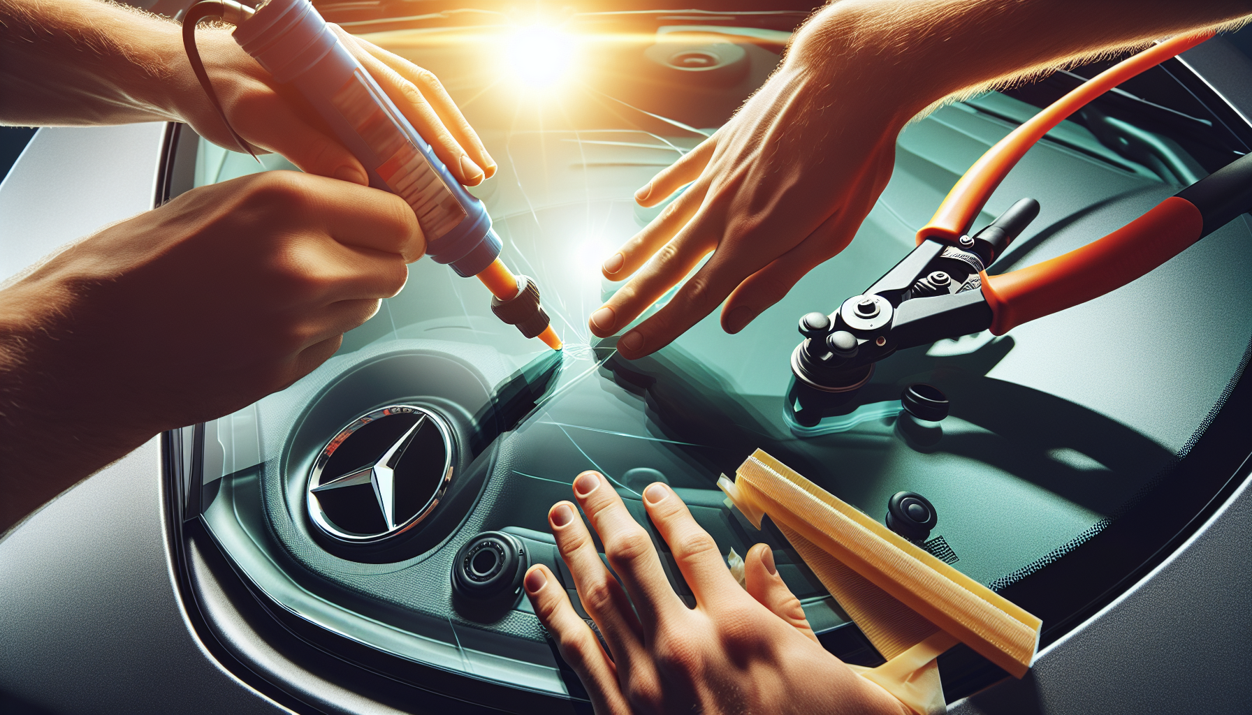 Mercedes-Benz GLA-Class windshield replacement Mercedes-Benz GLA-Class windshield replacement - autoglass technician close-up UAE