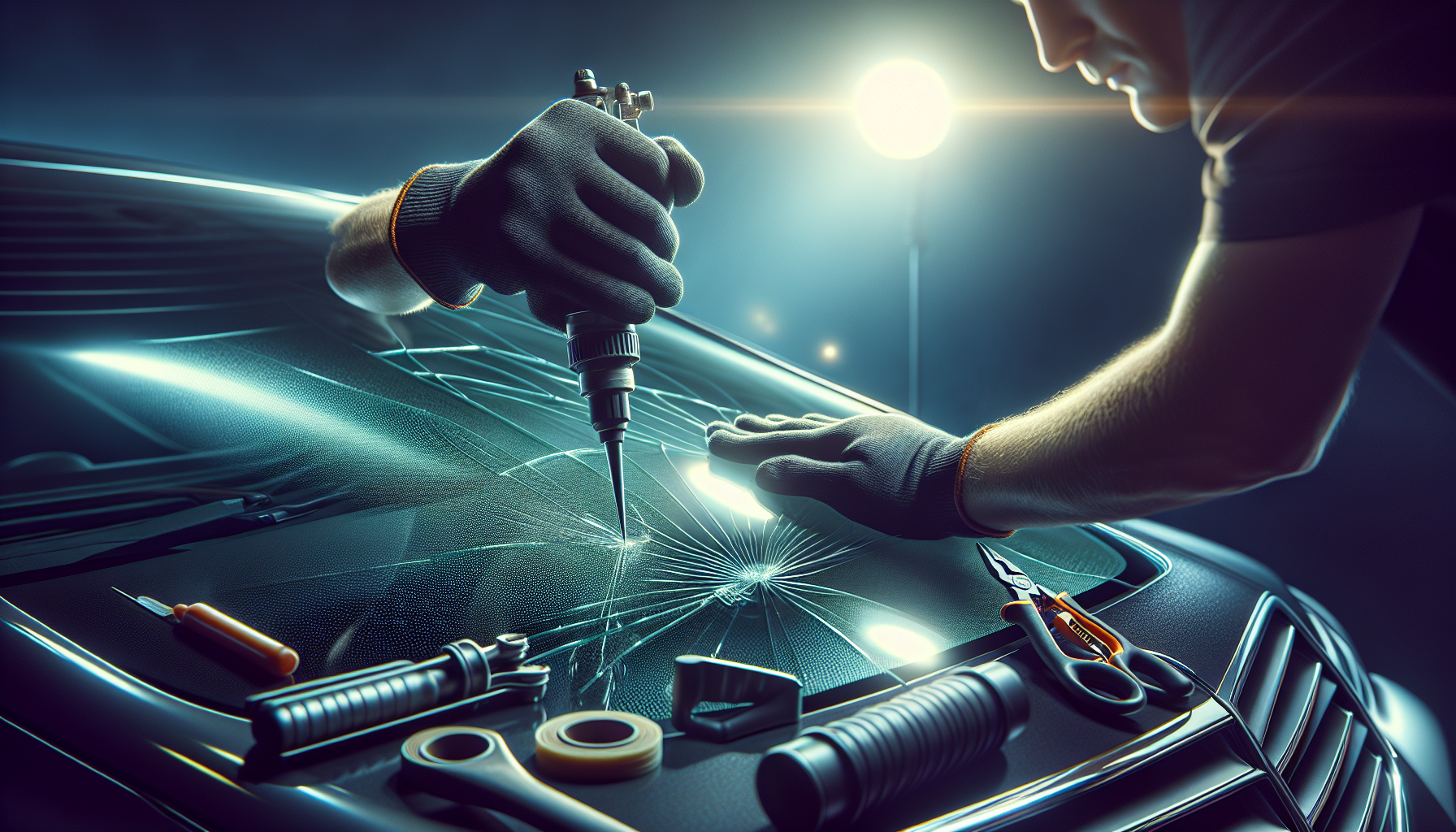 Mercedes E Class windshield replacement - autoglass technician close-up UAE