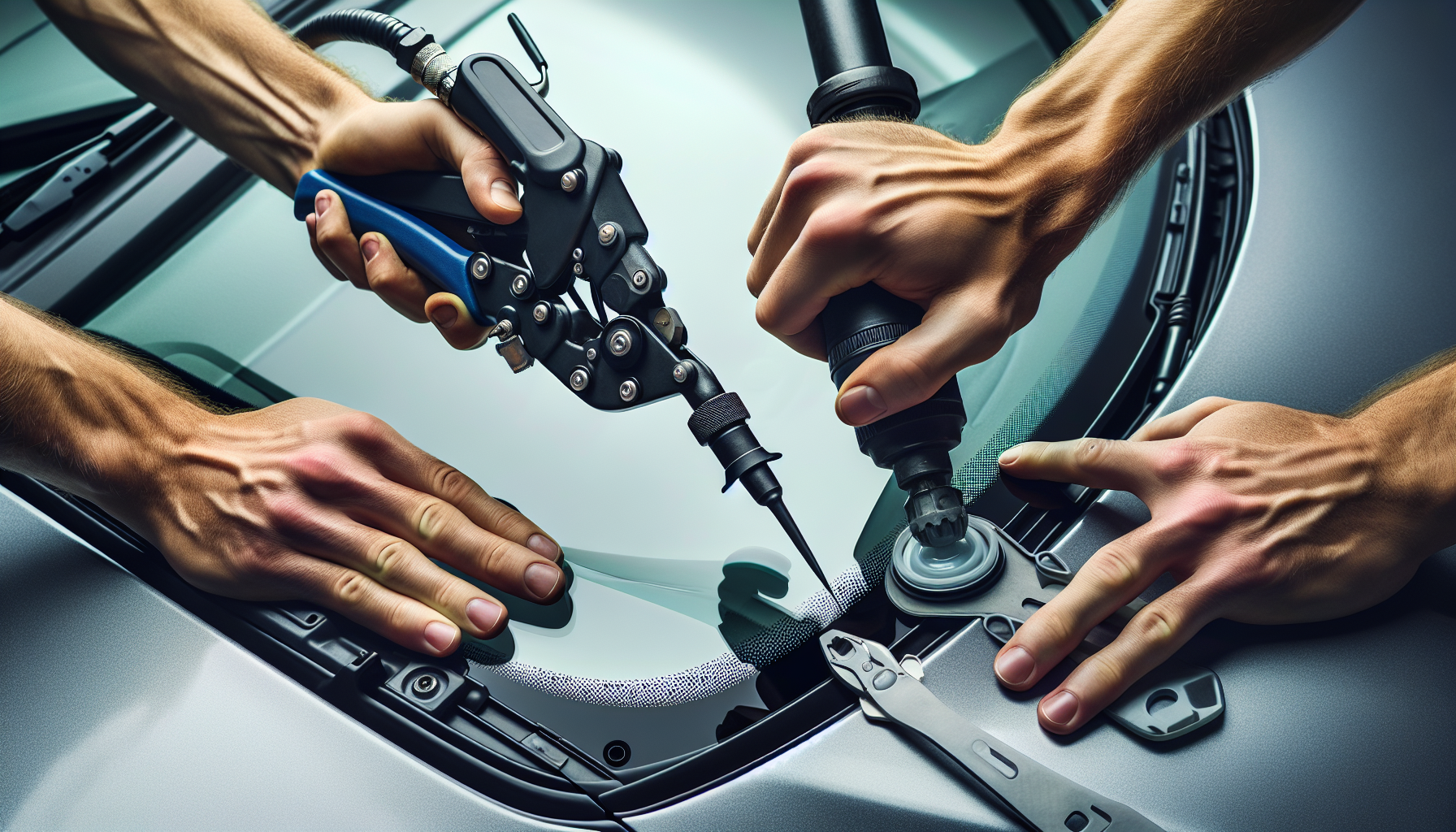 Mini/BMW Mini windshield replacement - autoglass technician close-up UAE