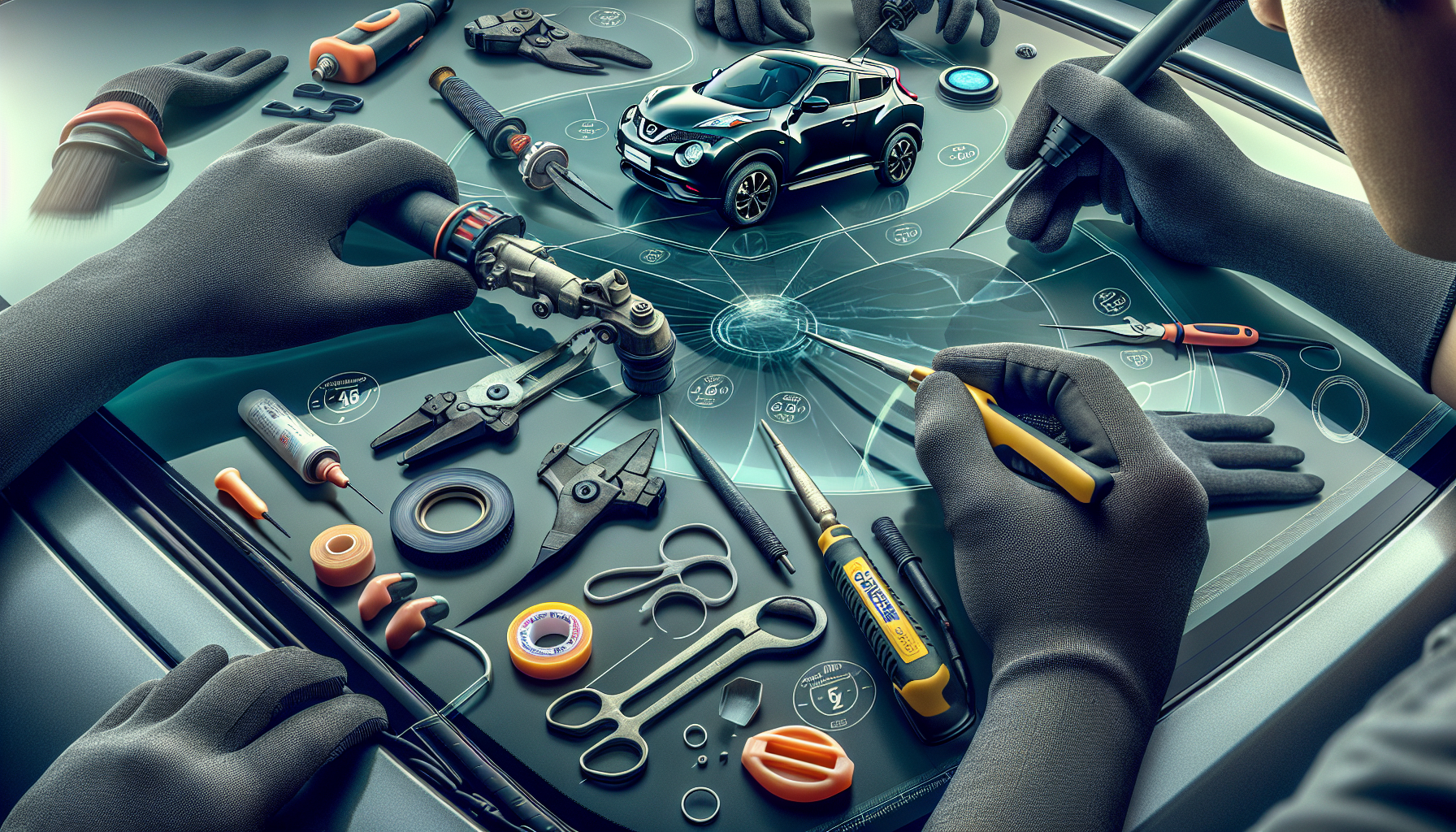 Nissan Juke windshield replacement - autoglass technician close-up UAE