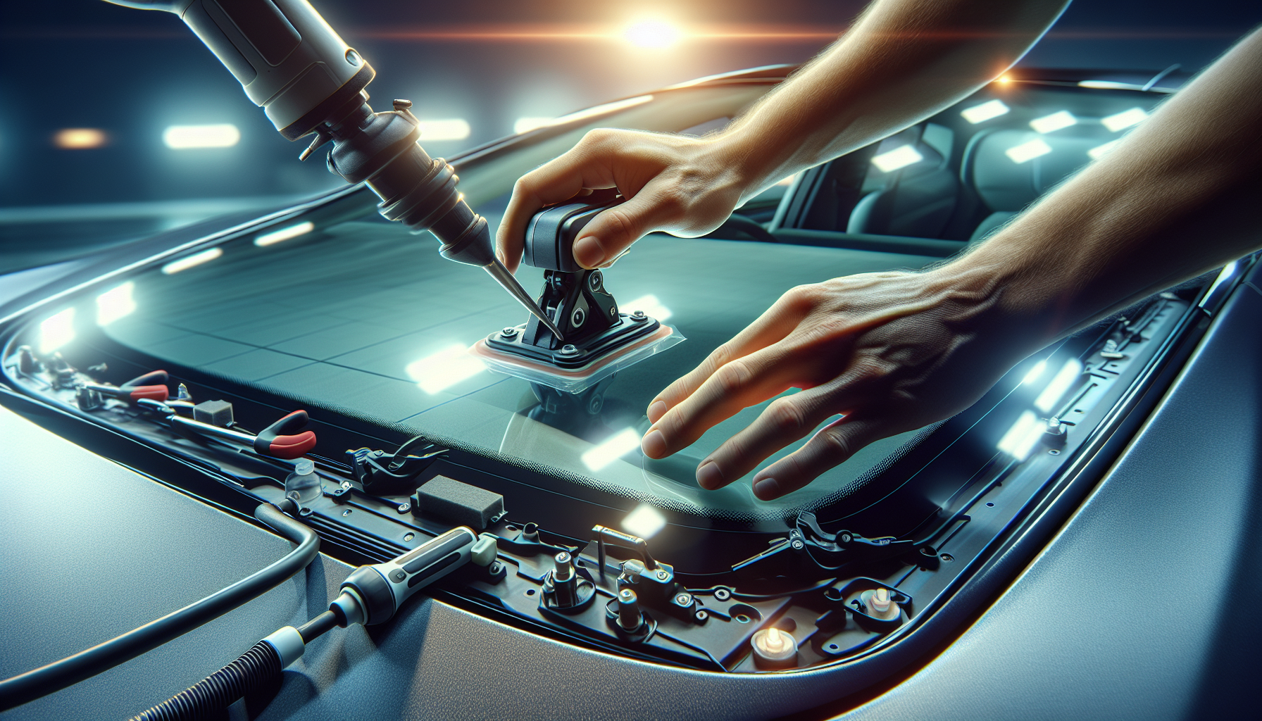 Tesla Model S windshield replacement - autoglass technician close-up UAE
