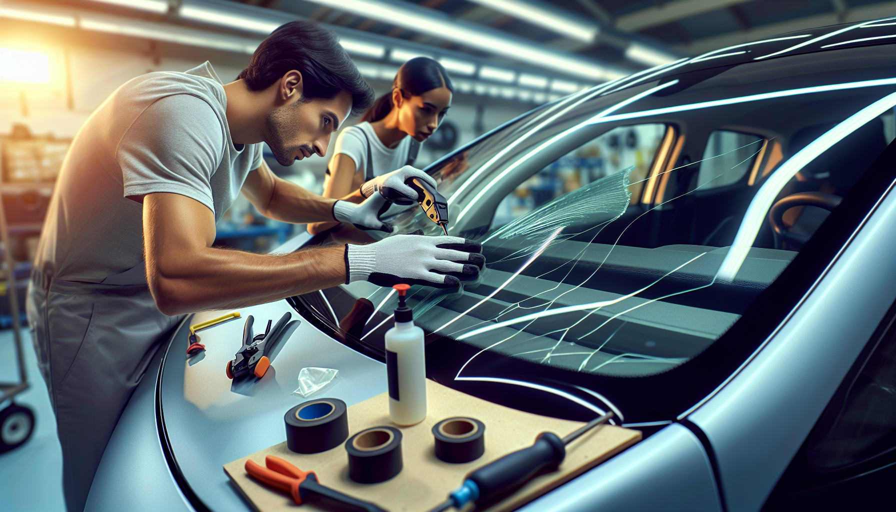 Tesla Model Y windshield replacement - autoglass technician close-up UAE