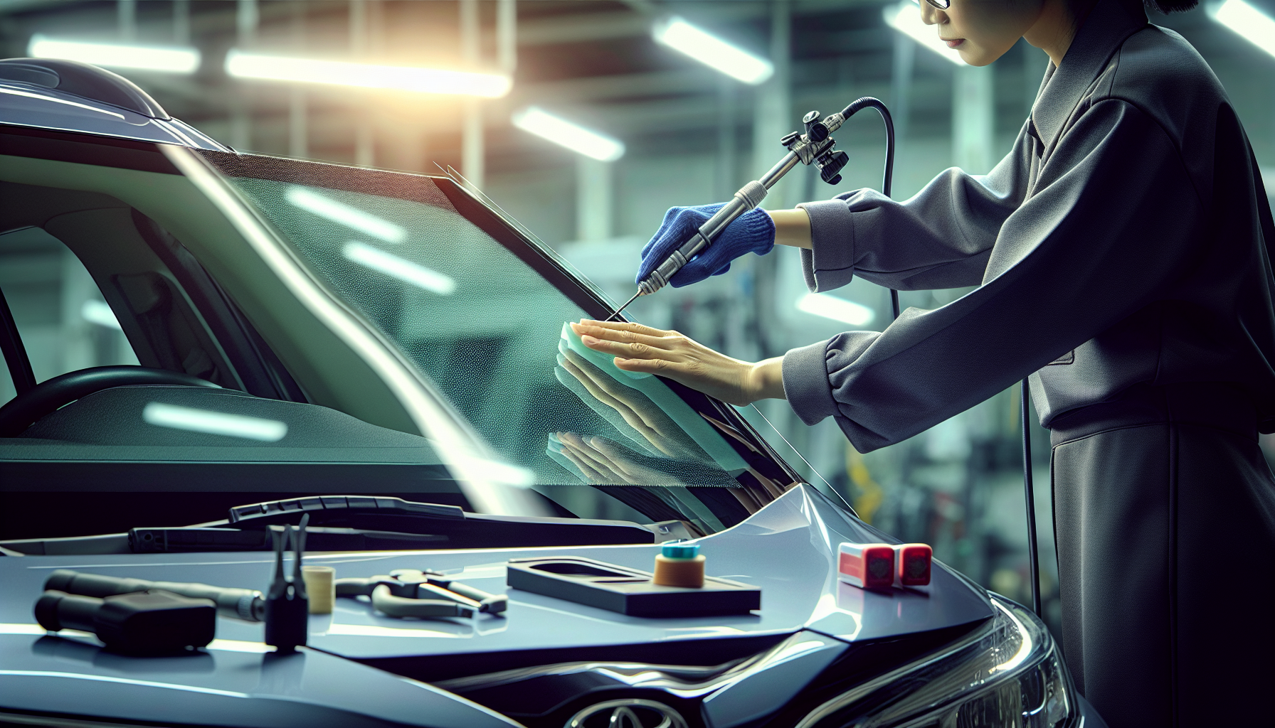Toyota Auris windshield replacement - autoglass technician close-up UAE
