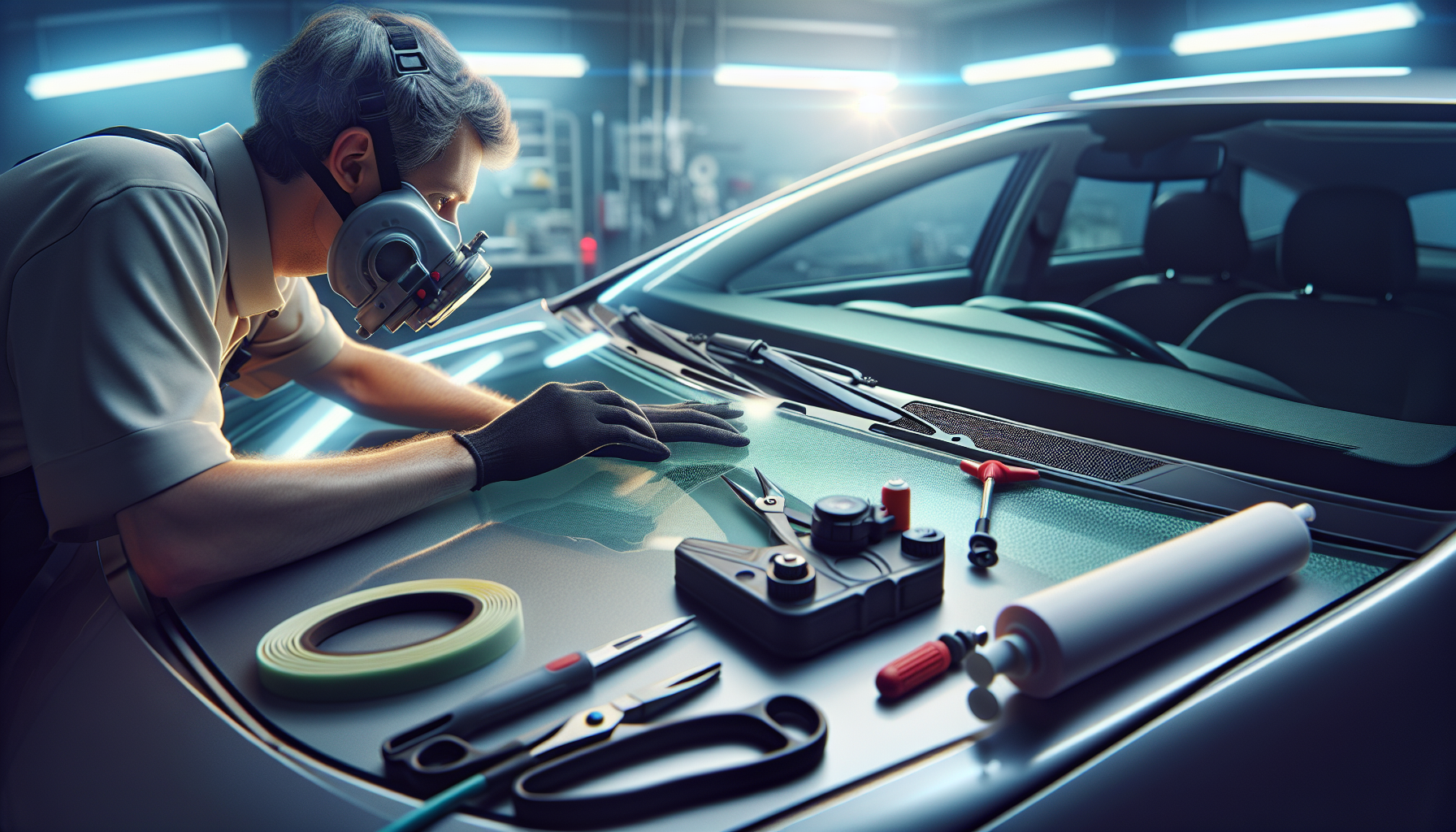 Toyota Prius windshield replacement - autoglass technician close-up UAE