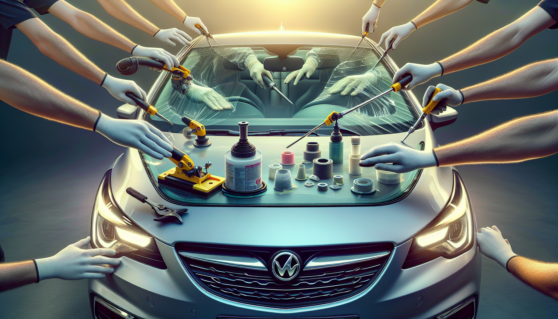 Vauxhall Corsa windshield replacement - autoglass technician close-up UAE