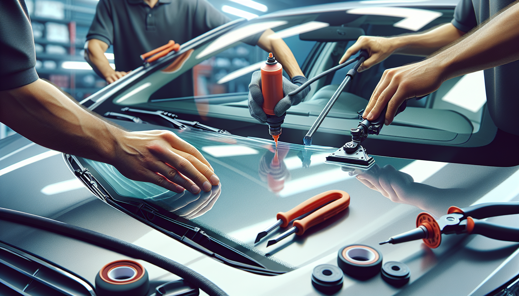 Toyota Camry windshield replacement - autoglass technician close-up UAE