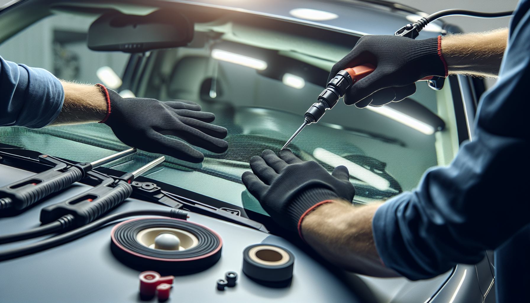 Toyota Hilux windshield replacement - autoglass technician close-up UAE